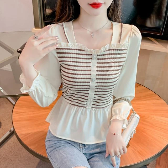 假两件打底衫2025春季新款女装时尚拼接洋气条纹显瘦百搭长袖上衣