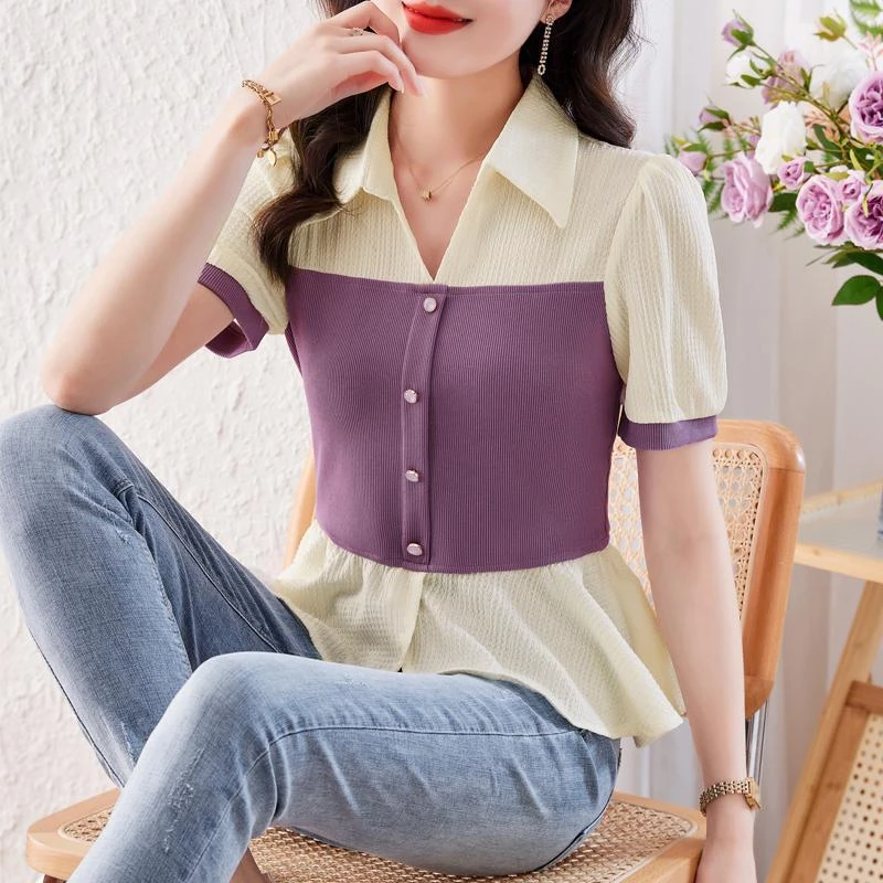 收腰衬衫女夏季短袖女2024年新款别致漂亮小衫时尚洋气假两件上衣