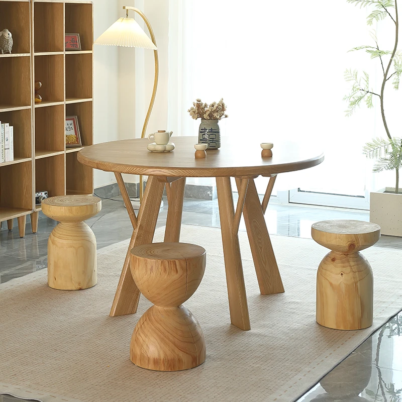 北欧实木简约圆桌大笨桌茶桌椅饭桌阳台桌餐桌户外家用圆形咖啡桌