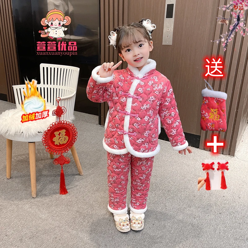 东北花棉袄加厚套装洋气复古加绒男女孩冬季保暖民族风拜年服套装