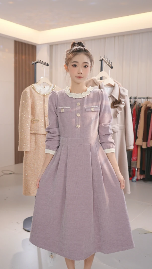 ZC8122 2024秋冬女装新款长袖轻奢时尚连衣裙收腰中长款裙子