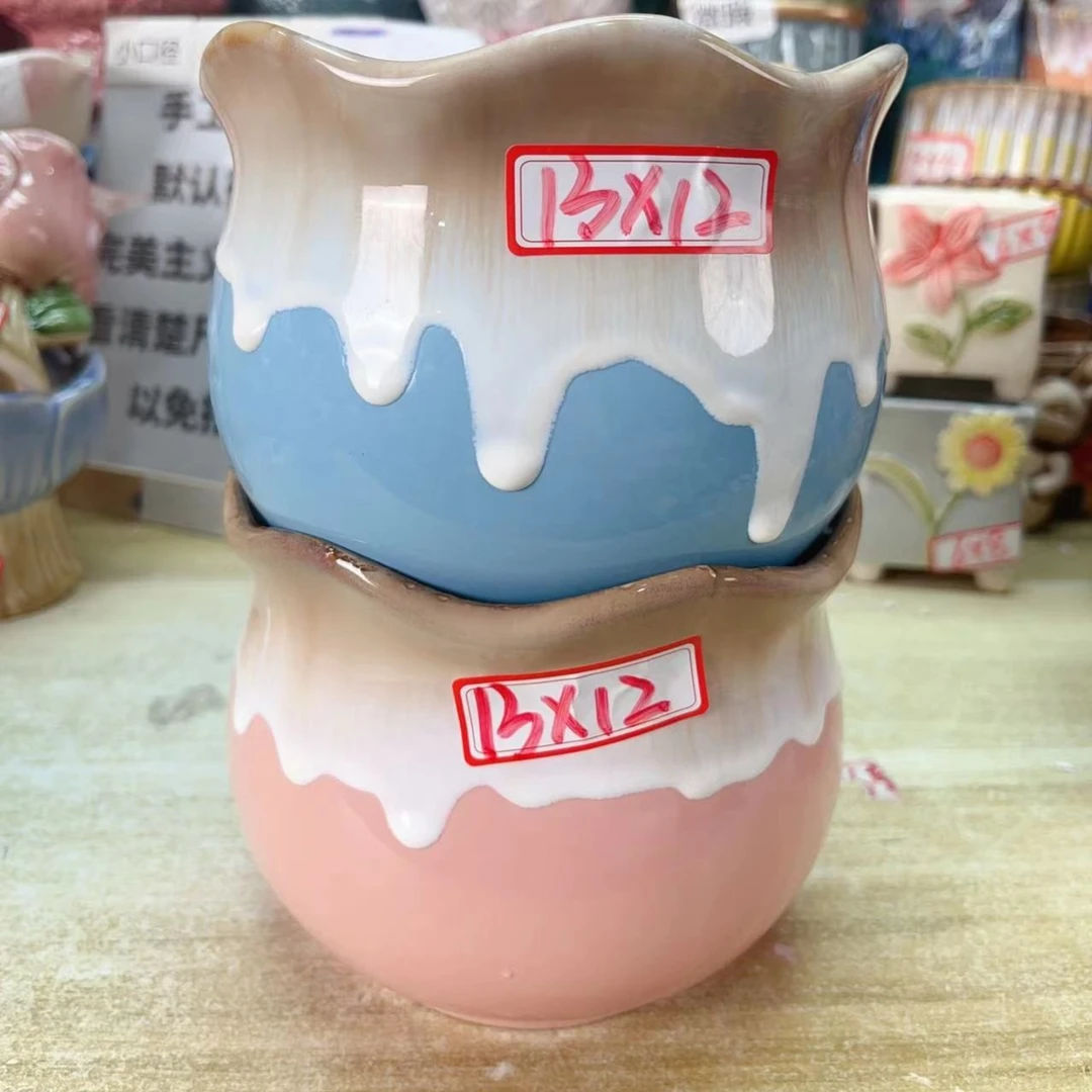 【直播专享】多肉流釉花盆绿植简约清仓流釉B5-76B粉蓝釉盆2件套