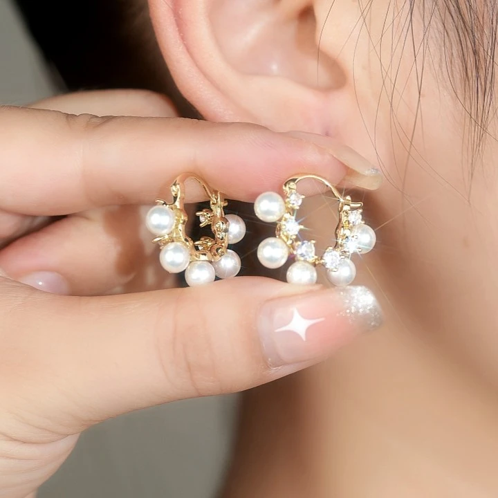 铜合金仿珍珠耳饰 法式时尚圈圈珠珠耳环百搭轻奢显气质耳坠486