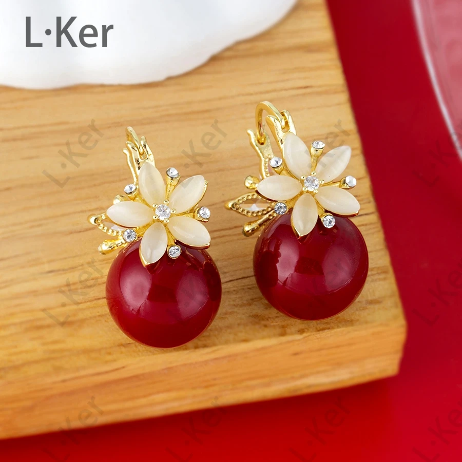 铜合金合成锆石耳饰 【富贵花】安可拉红色花朵耳环时尚感耳坠1336