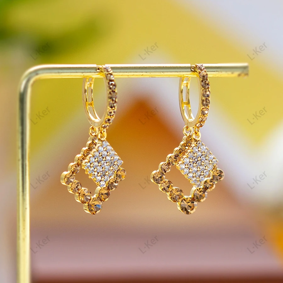 铜合金合成锆石耳饰 【美拉德】秋冬新品满钻方块流苏气质耳环1677