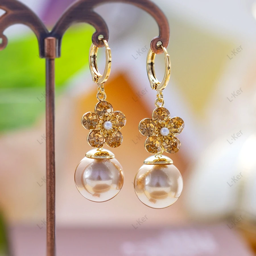 铜合金合成锆石耳饰 【繁花似锦】法式经典满钻五瓣花珠珠耳环1672