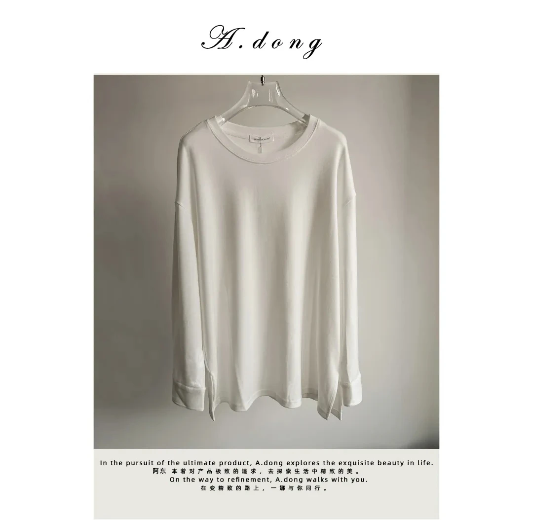 原创设计圆领纯棉白色毛衣打底衬衫袖口开叉长袖T恤