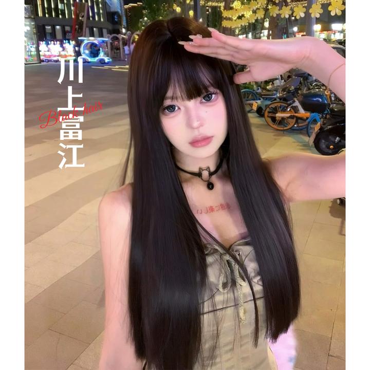 【川上富江】束朵假发黑长直黑棕假发女长发自然空气刘海全头套式