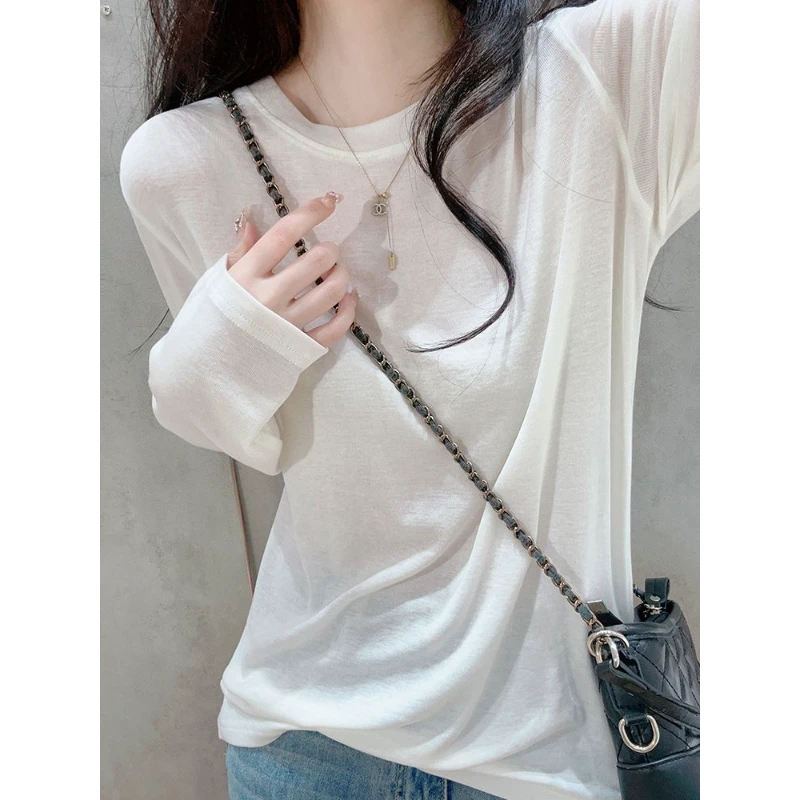 2024新款打底衫女春秋内搭修身上衣爆款圆领百搭白色秋冬长袖t恤