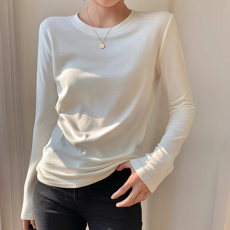 超柔软面膜T恤女长袖秋冬2024新款白色圆领打底衫修身内搭上衣