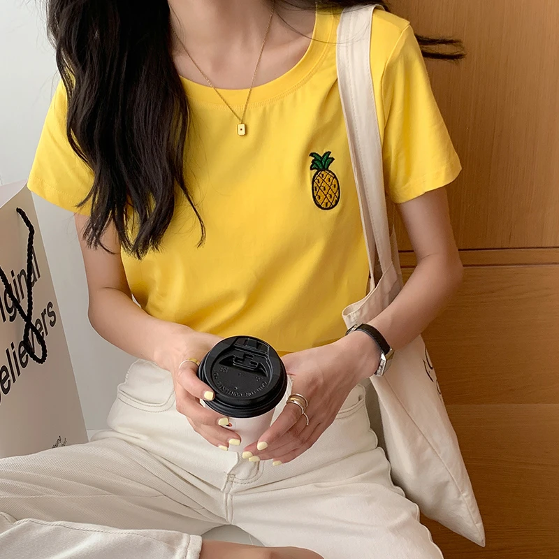小菠萝刺绣宽松短袖t恤女夏设计感小众百搭体恤洋气韩版正肩上衣