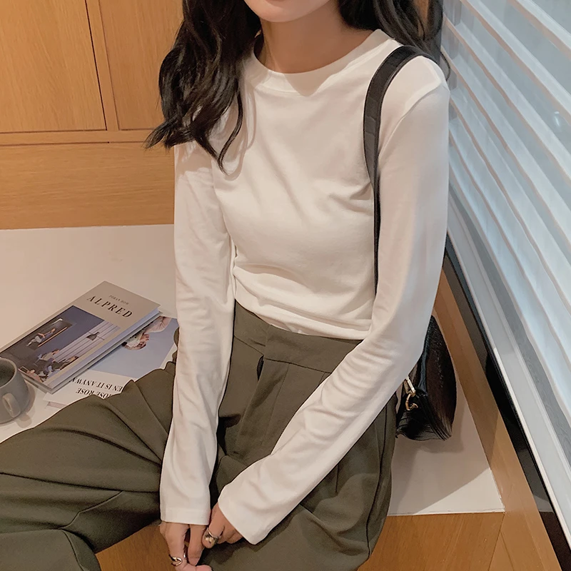 打底衫女秋冬洋气内搭磨毛白色长袖t恤新款百搭圆领外穿纯色上衣