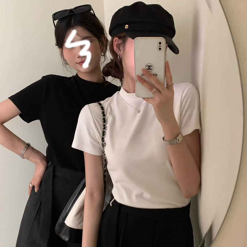 小立领短袖t恤女夏季正肩修身显瘦上衣韩版纯色内搭半袖潮