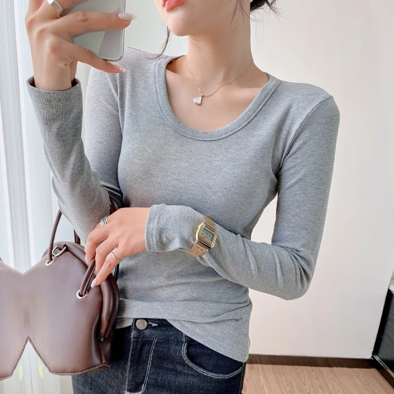 圆领打底衫女内搭2022春秋新款女装纯色性感锁骨上衣修身长袖T恤
