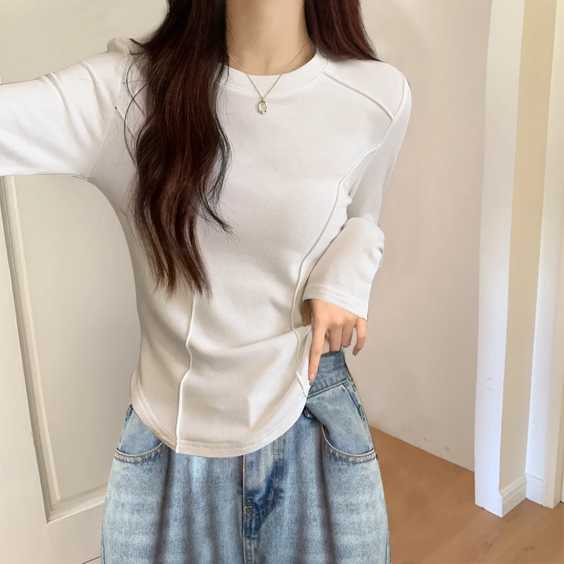 辣妹紧身纯色正肩圆领长袖t恤女早秋白色打底衫内搭洋气短款上衣