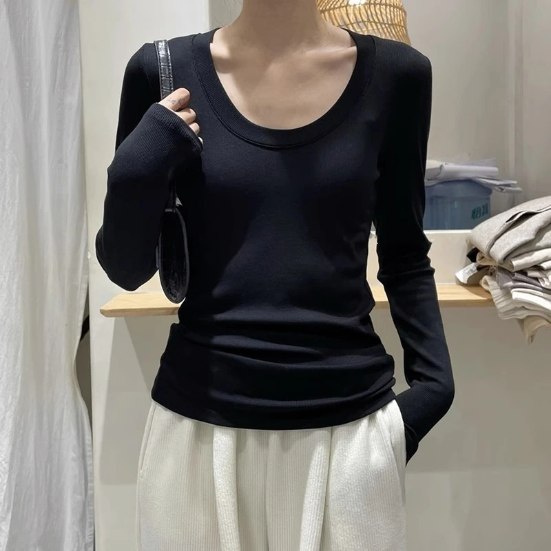 2025春秋低领打底衫女士纯色西装内搭长袖t恤修身显瘦上衣潮