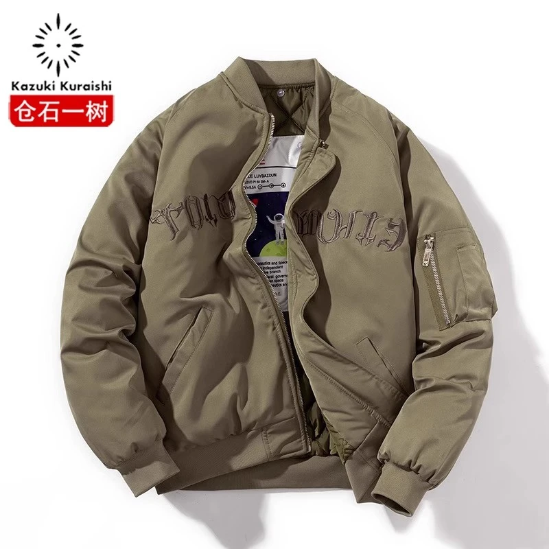 仓石一树潮牌字母刺绣棒球棉服飞行员夹克秋冬男韩版宽松加厚外套