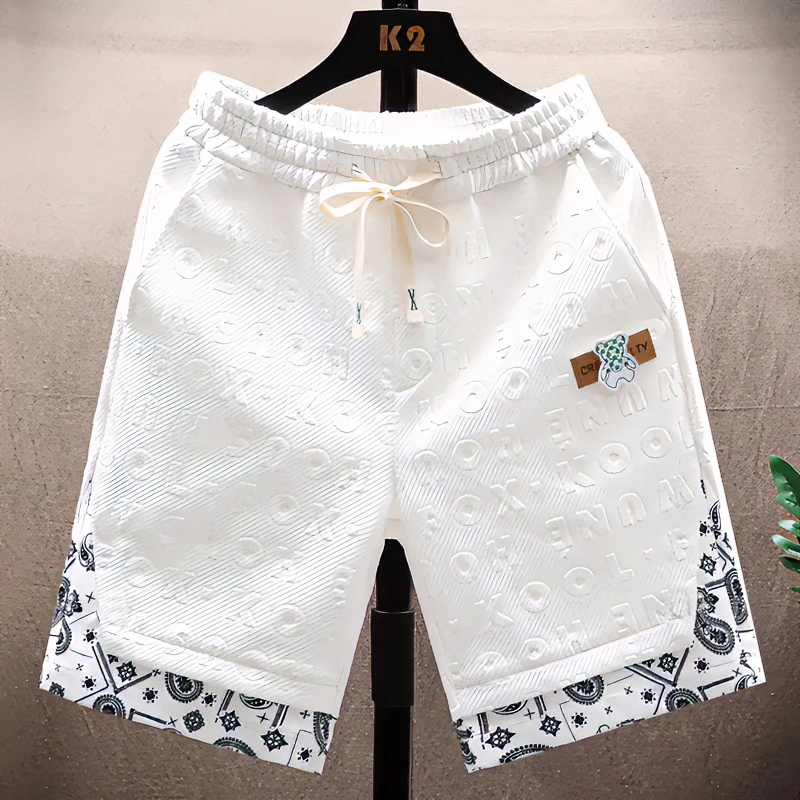 仓石一树流行假两件卡通短裤男士夏季凉感五分休闲绿色叠穿运动裤