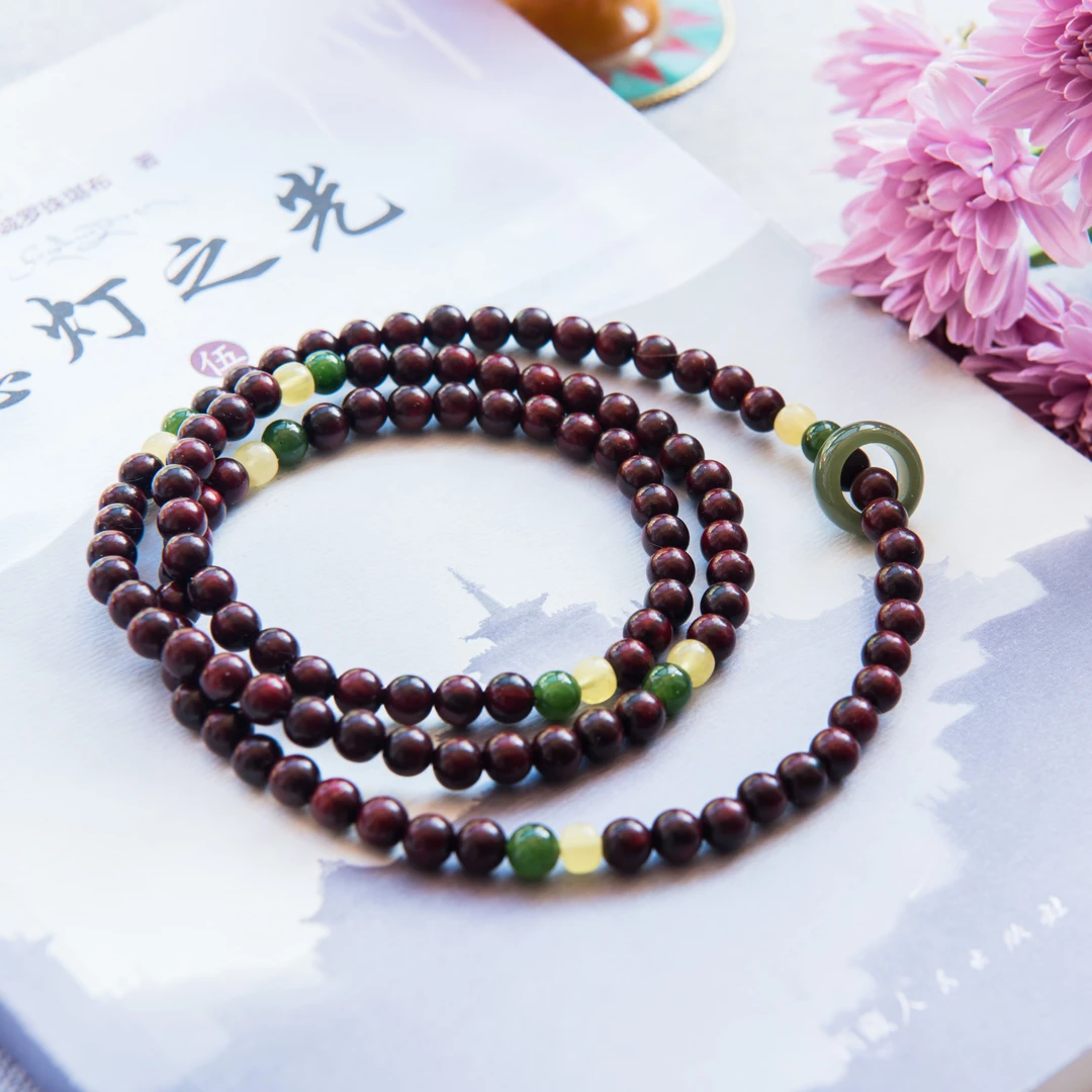 精选！印度小叶紫檀6mm多圈搭配绝美蜜蜡和田玉跑环XYZT201314