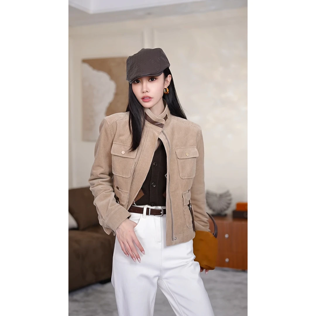 JANGHEMEI【余温】100%棉灯芯绒多口袋拼皮百搭外套 W25271M43