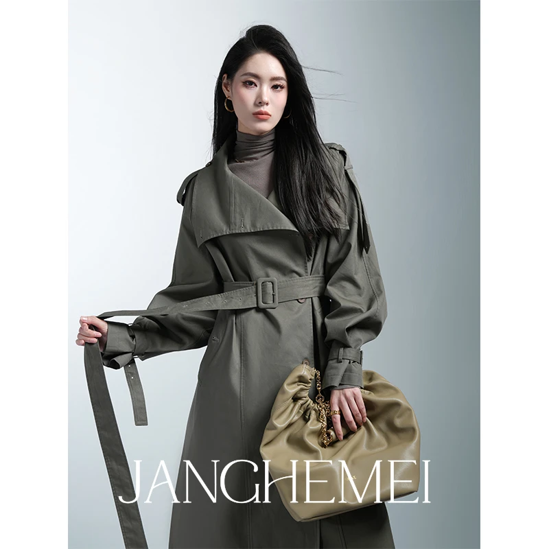 JANGHEMEI【巴黎旧梦】薄长款翻领大口袋外套风衣 F23099M43