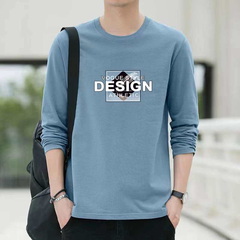 新款纯棉男长袖T恤圆领宽松套头上衣休闲运动长袖打底衫四季可穿