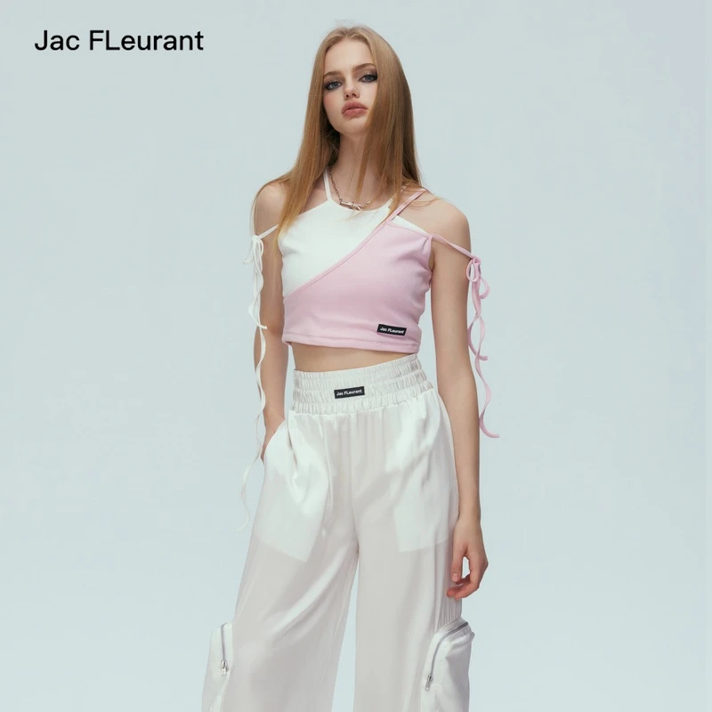 JAC FLEURANT 白粉拼接绑带背心/缎面休闲裤时尚芭蕾风套装