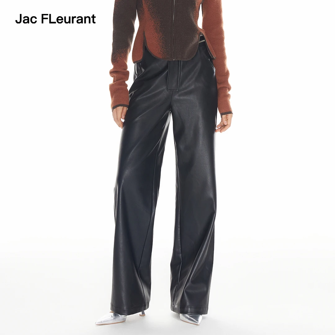 JAC FLEURANT新品黑色腰头双拉链简约百搭皮裤