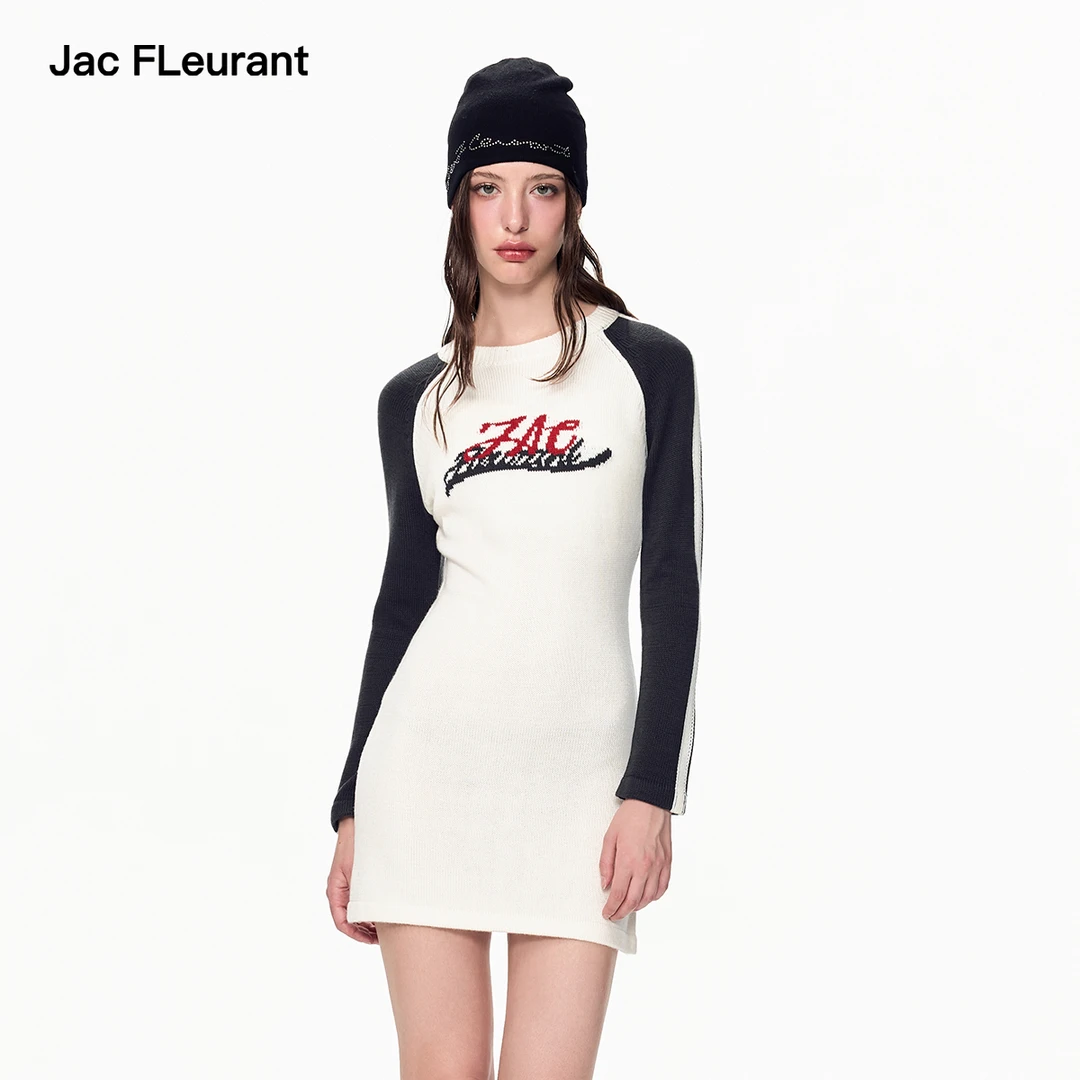 JAC FLEURANT新款黑白插肩袖LOGO针织修身弹力显瘦连衣裙