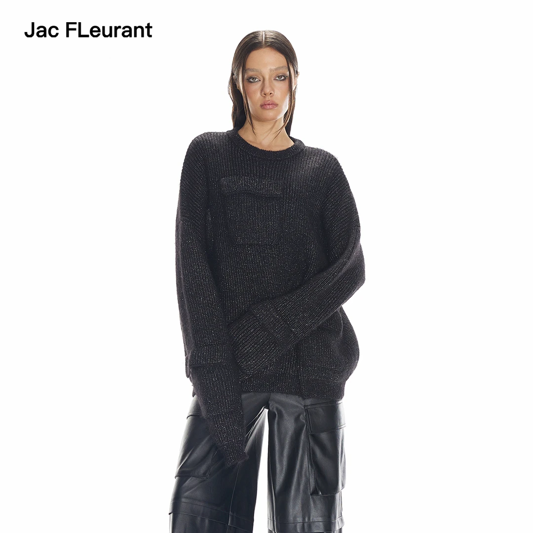 JAC FLEURANT黑色立体口袋银线宽松毛衣慵懒时尚针织毛衫