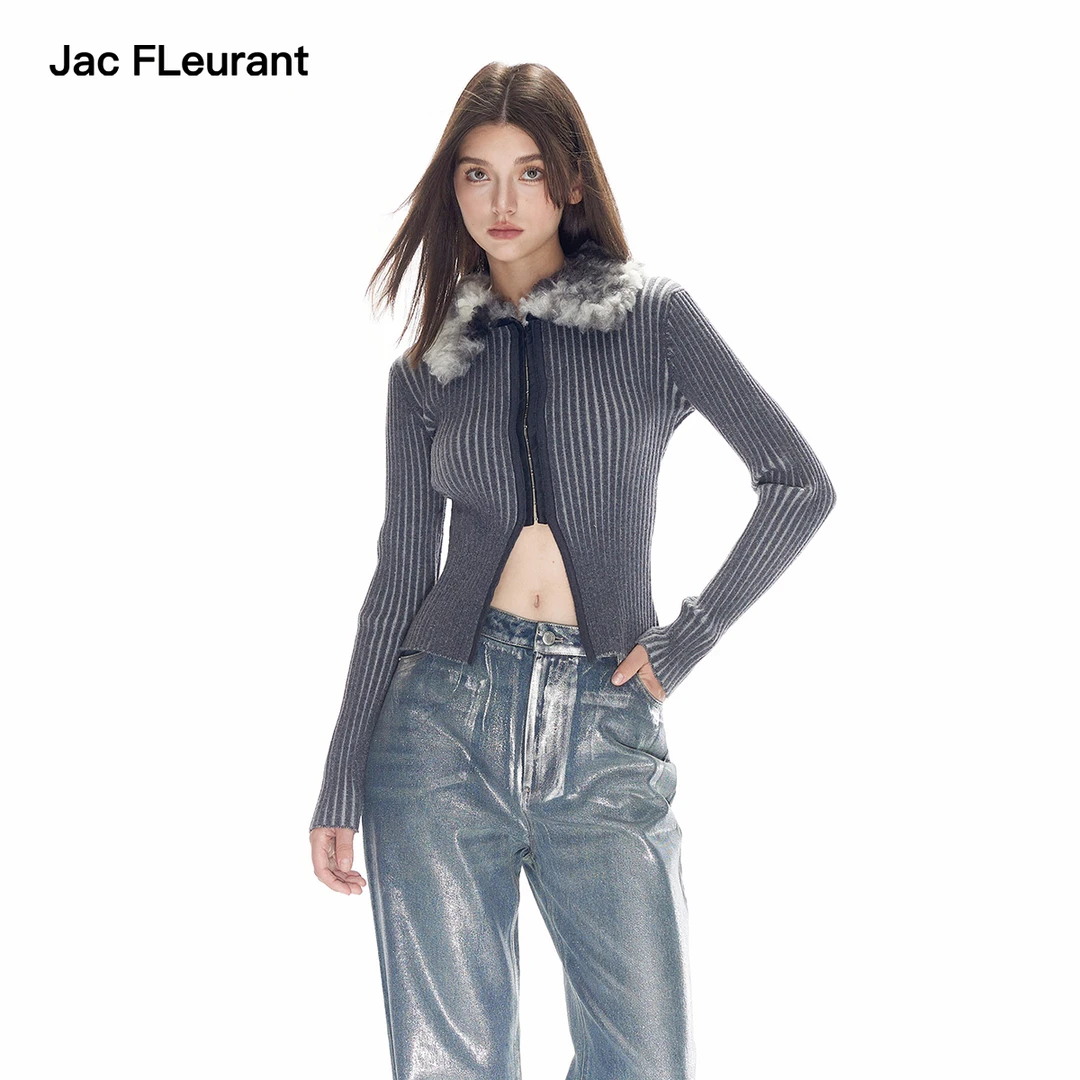 JAC FLEURANT新品灰色条纹毛领修身显瘦针织辣妹风上衣