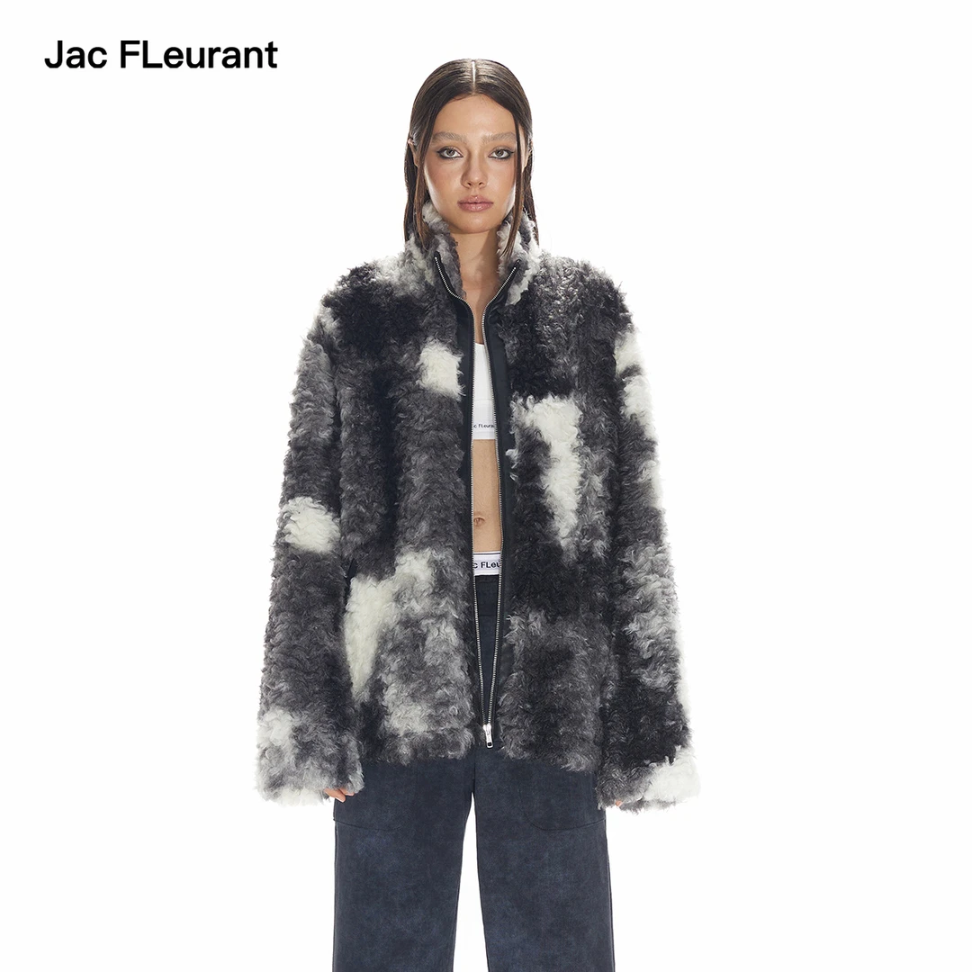 JAC FLEURANT2024新品黑白扎染卷毛拉链外套