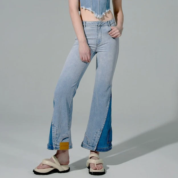 JacFLeurant蓝色倒口袋拼色喇叭牛仔裤