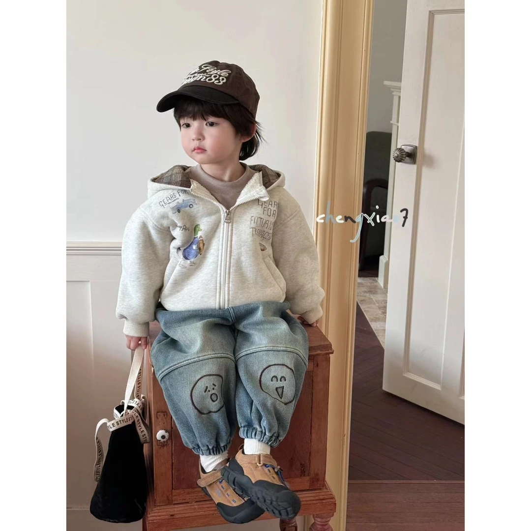 加绒加厚连帽大中小男童卫衣2024秋冬洋气儿童保暖宝宝上衣棉外套