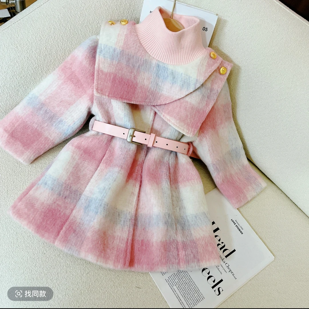 女童加绒格子毛呢外套秋冬2024新款半高领收腰大衣小香风中曾款潮