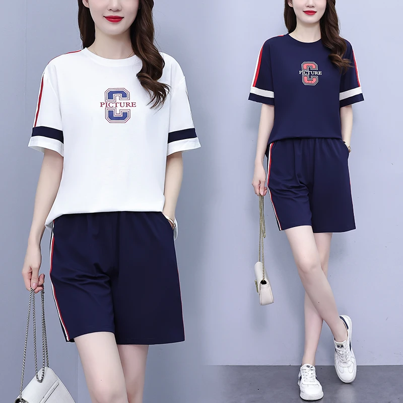 休闲时尚印花大码卫衣拼接减龄两件套9233夏季新款宽松套装气质女