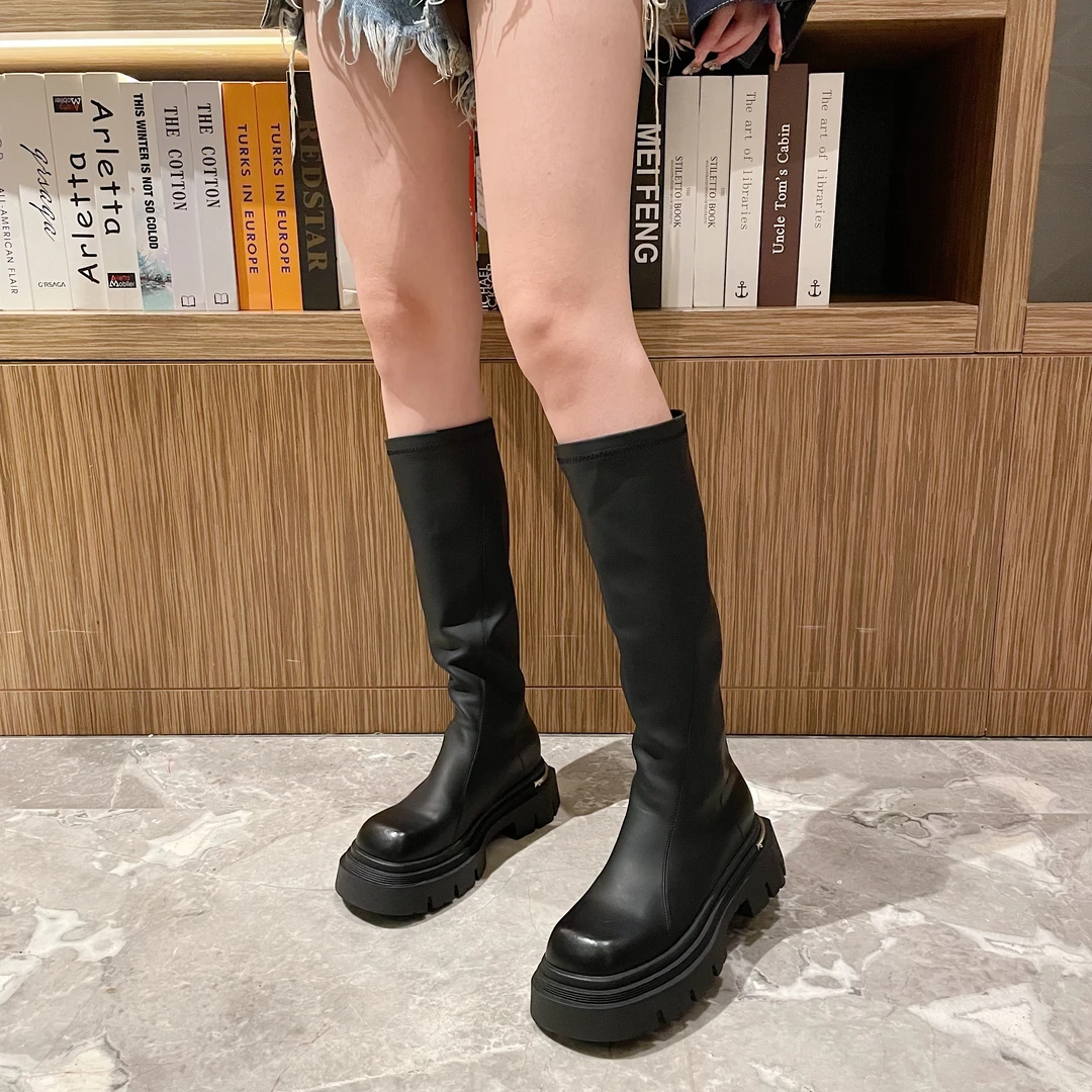 2023新款厚底长筒靴子女时尚百搭长靴骑士高筒靴子英伦风方头秋冬