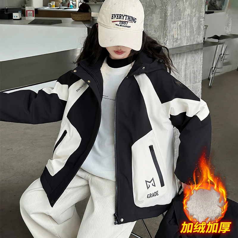 2024秋冬新款撞色二棉冲锋衣外套加厚保暖连帽风衣气质减龄上衣潮