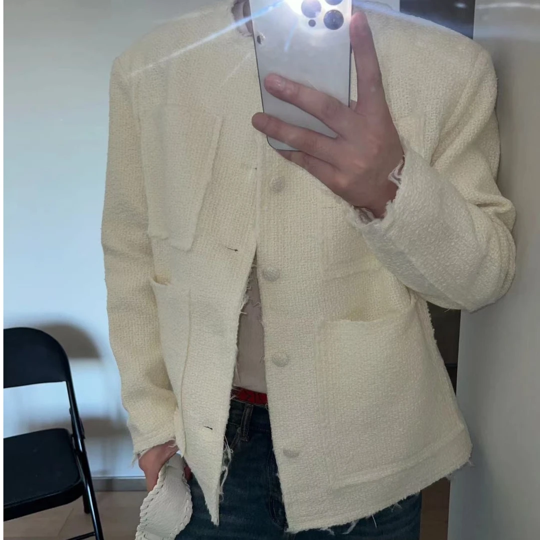 及时雨东 秋季新款小香磨毛流苏口袋简约休闲百搭外套男女轻奢