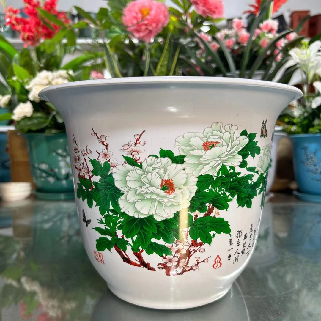 230白色牡丹花加厚树脂花盆【口径23高17.5】