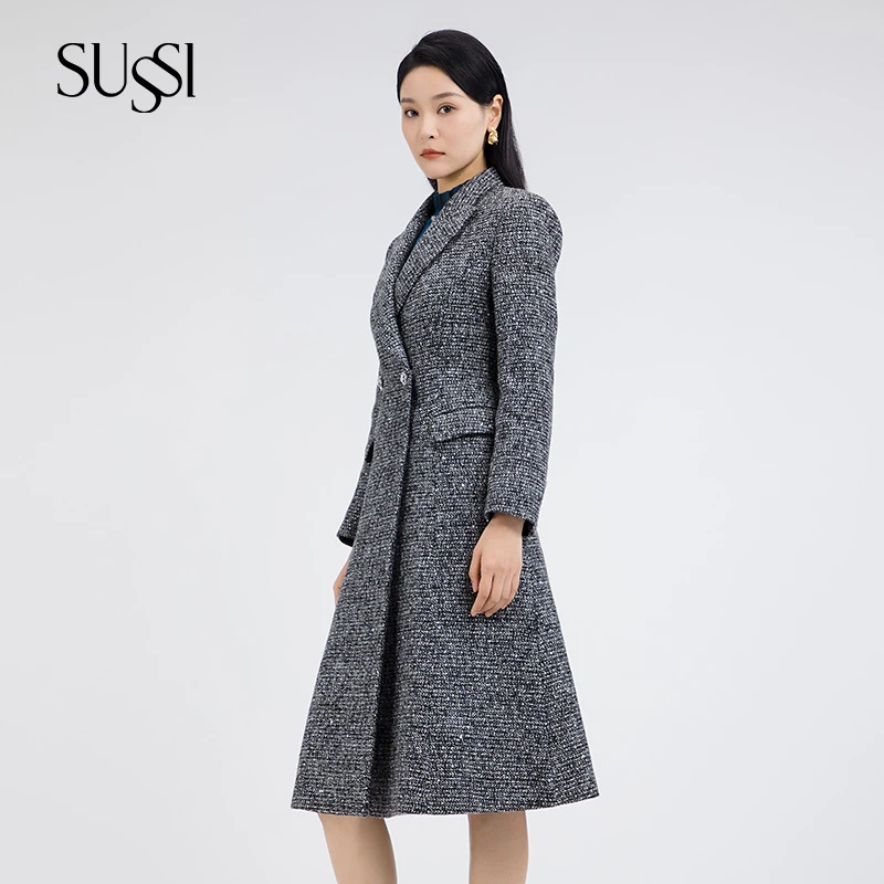 SUSSI/古色冬季新品黑白珠片粗花呢翻领长款大衣垫肩外套女