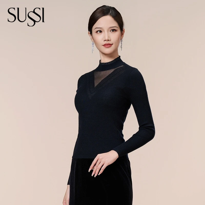 【百搭款】古色新品商场同款黑色气质时尚修身毛衣女款长袖打底