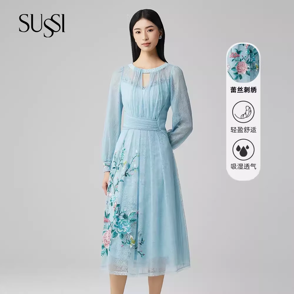 SUSSI/古色24春商场服装同款蕾丝刺绣灯笼袖收腰连衣裙女薄荷曼波