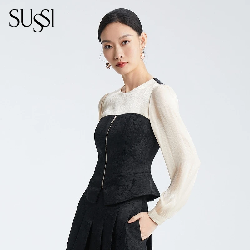 SUSSI古色丨“烟雨盘云”新中式黑色暗纹提花设计感职场收腰上衣女
