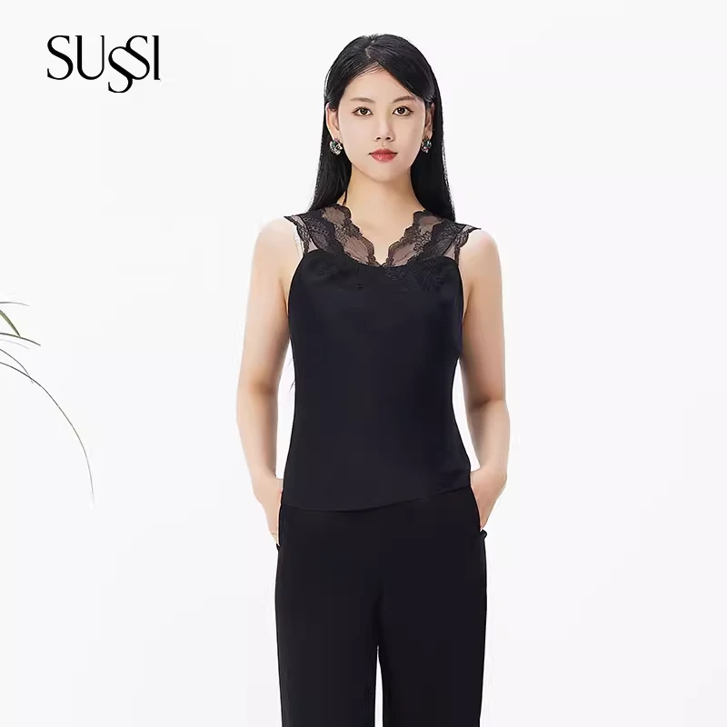 SUSSI古色丨“一衣两穿”黑色百搭蕾丝刺绣无袖打底背心
