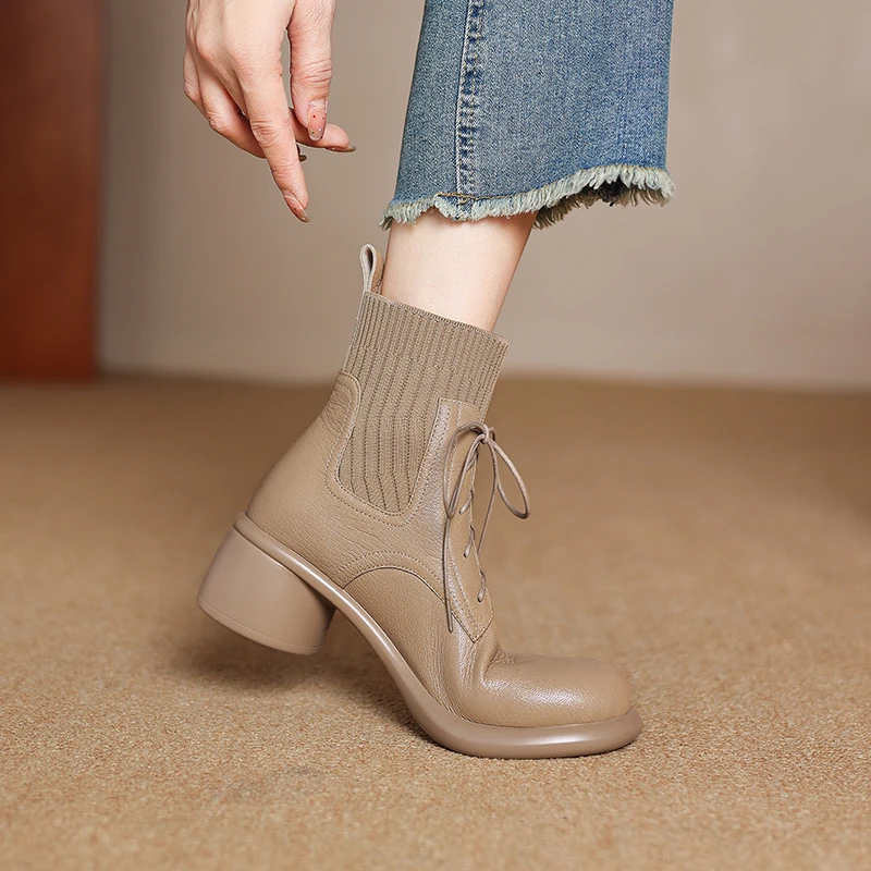 5.5cm百搭复古粗跟英伦风系带马丁靴毛线口显瘦圆头秋冬加绒短靴
