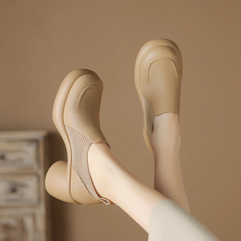 7cm百搭复古粗跟厚底高跟圆头小皮鞋舒适女鞋真皮学院风单鞋女