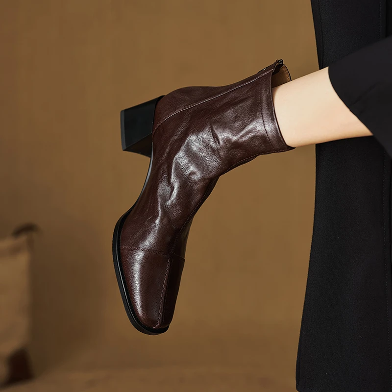 5.5cm粗跟高跟法式气质复古显瘦真皮短筒短靴OL瘦瘦靴加绒百搭女