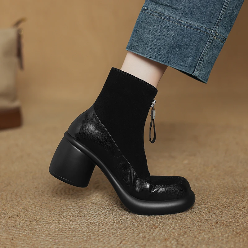6.5cm粗跟欧美高级感前拉链秋冬加厚保暖圆头英伦风马丁靴短靴女