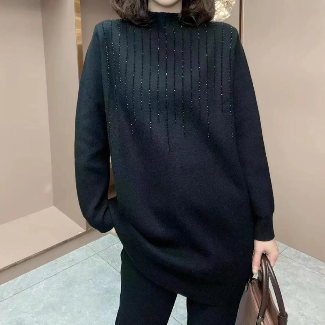 大码女装秋冬新款显瘦气质时尚洋气休闲重工烫钻打底保暖针织毛衣
